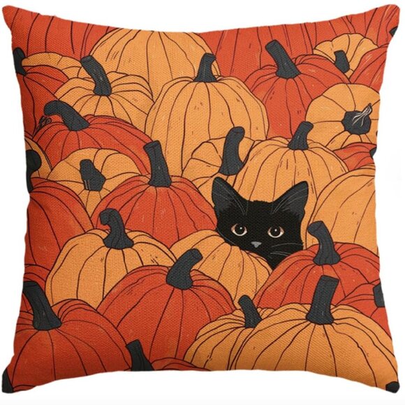Fall Pumpkins Black Cat Throw Pillow Cover – 18"x18", Seasonal Autumn - Picture 2 of 6